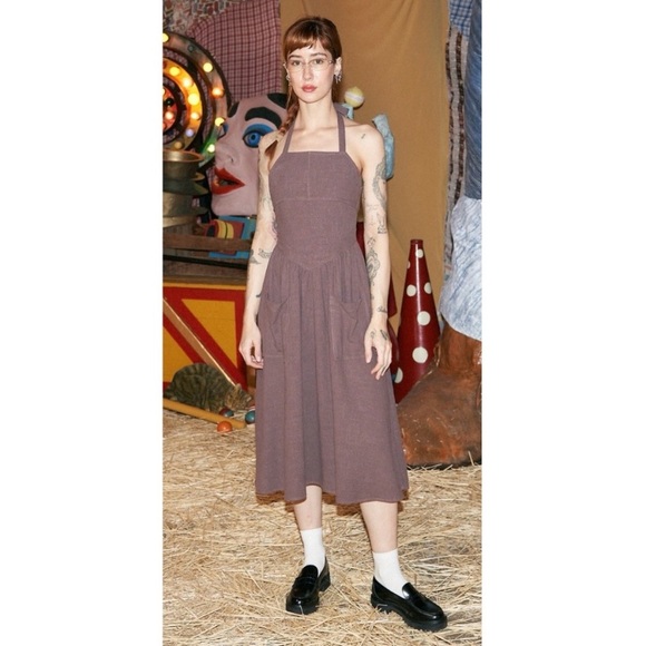 Fashion Brand Company Brown Linen Apron Halter Dress Small S FBC Penelope Gazin - Picture 8 of 8